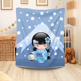 Winter Kokeshi Doll - Blue Mountain Geisha Girl Fleece Blanket