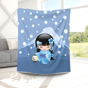 Winter Kokeshi Doll - Blue Mountain Geisha Girl Fleece Blanket