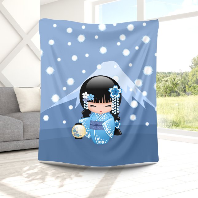 Winter Kokeshi Doll - Blue Mountain Geisha Girl Fleece Blanket (Creator Uploaded)