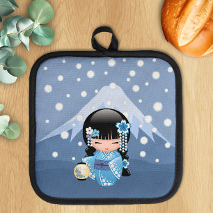 Winter Kokeshi Doll - Blue Mountain Geisha Girl Pot Holder