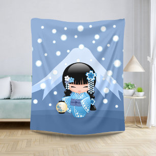 Winter Kokeshi Doll - Blue Mountain Geisha Girl Sherpa Blanket
