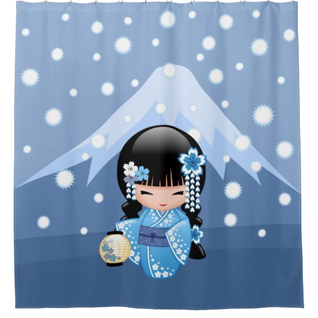 Winter Kokeshi Doll - Blue Mountain Geisha Girl Shower Curtain (Front)