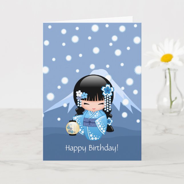 Winter Kokeshi Doll - Happy Birthday Geisha Girl Card (Small Plant)