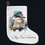 Winter Kookaburra Wishes, custom Small Christmas Stocking<br><div class="desc">Hang a touch of personalised Australian charm by the fireplace this Christmas with our "Winter Kookaburra Wishes" stocking. This festive stocking features the delightful watercolor illustration of a kookaburra perched on a branch, sporting its festive blue and white striped beanie dusted with snowflakes. This unique bird brings a cheerful and...</div>