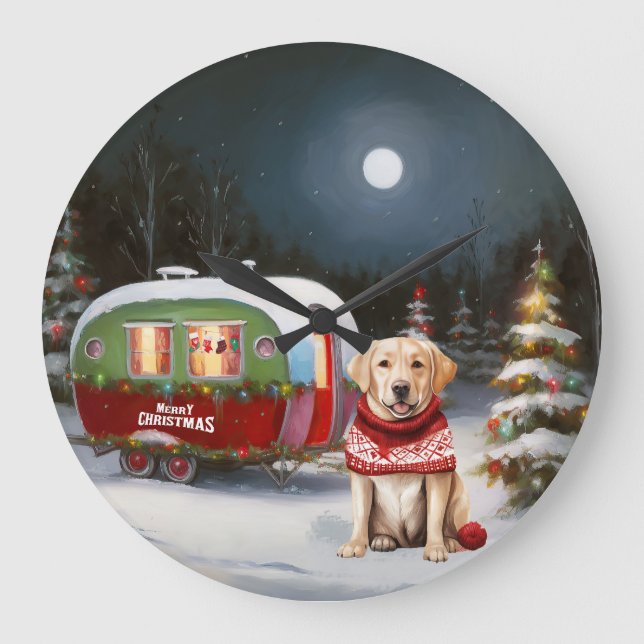 Winter Labrador Caravan Christmas Adventure Large Clock (Front)