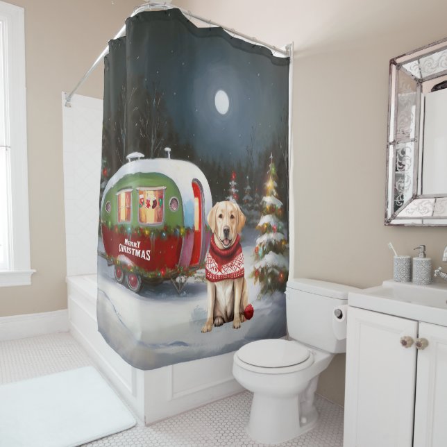 Winter Labrador Caravan Christmas Adventure Shower Curtain (In Situ)