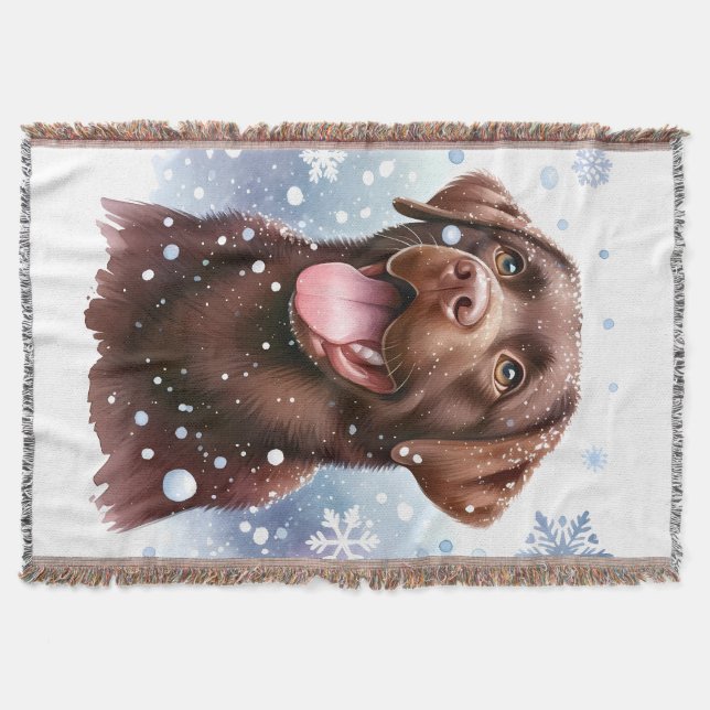 Winter Labrador Retriever Dog Snowflakes Holiday Throw Blanket (Front)