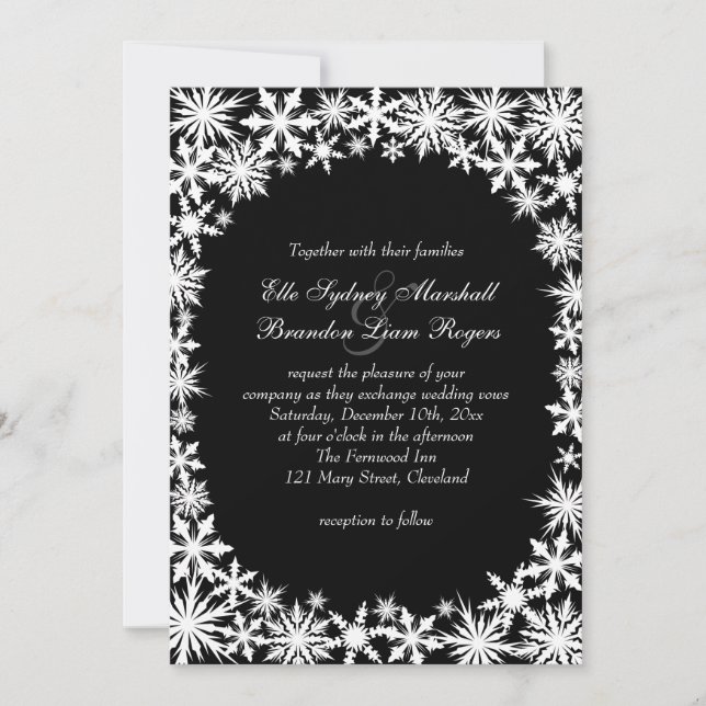 Winter Lace on Black Wedding Invitation (Front)
