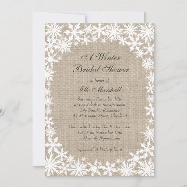 Winter Lace on Burlap Bridal Shower Invitation (Front)