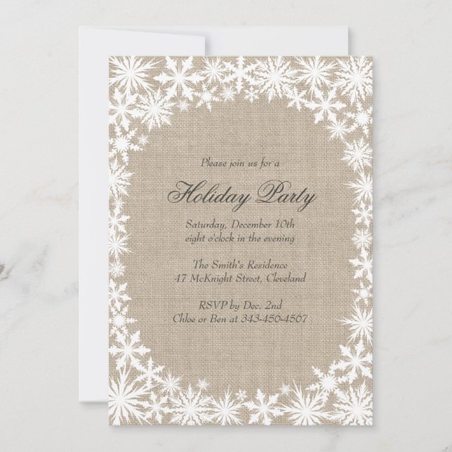 Winter Lace on Burlap Holiday Party Invitation (Front)