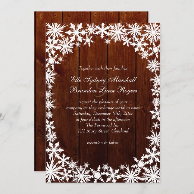 Winter Lace on Dark Wood Wedding Invitation (Front/Back)