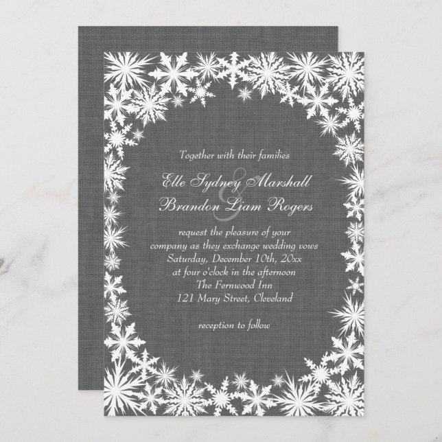 Winter Lace on Grey Linen Wedding Invitation (Front/Back)
