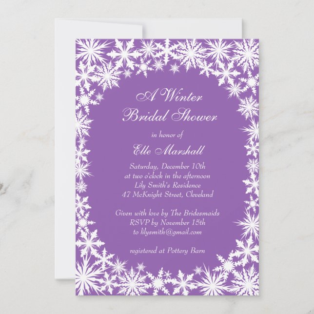Winter Lace on Purple Bridal Shower Invitation (Front)
