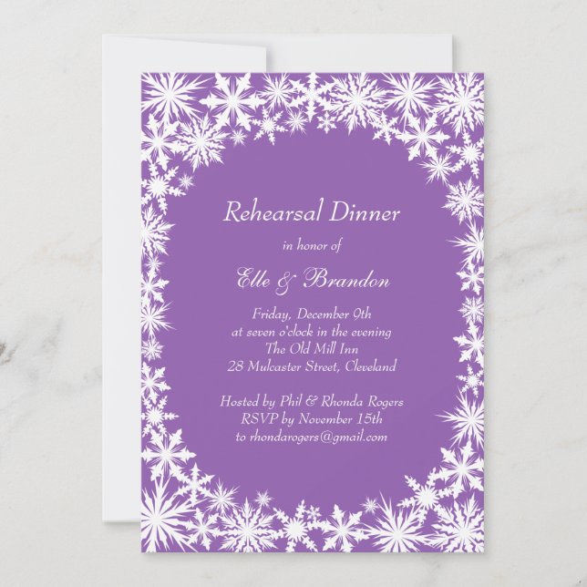 Winter Lace on Purple Rehearsal Dinner Invitation (Front)