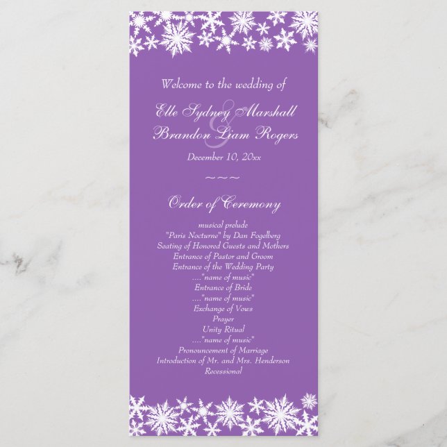 Winter Lace on Purple Wedding Program Programme (Front)