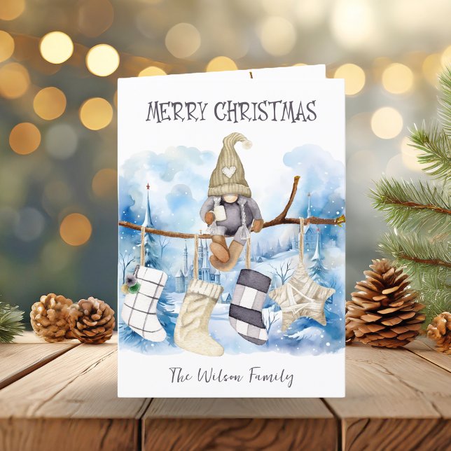 Winter Lady Gnome on Branch Merry Christmas Holiday Card (Winter Lady Gnome on Branch Merry Christmas Holiday Card)