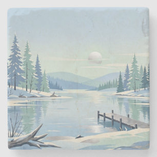 Winter Lake Forest Mountain Landscape Blue Scene Stone Coaster