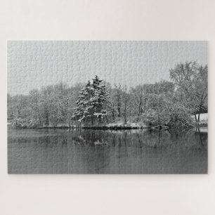 Winter Lake Serene Scene Black, White Photography Jigsaw Puzzle