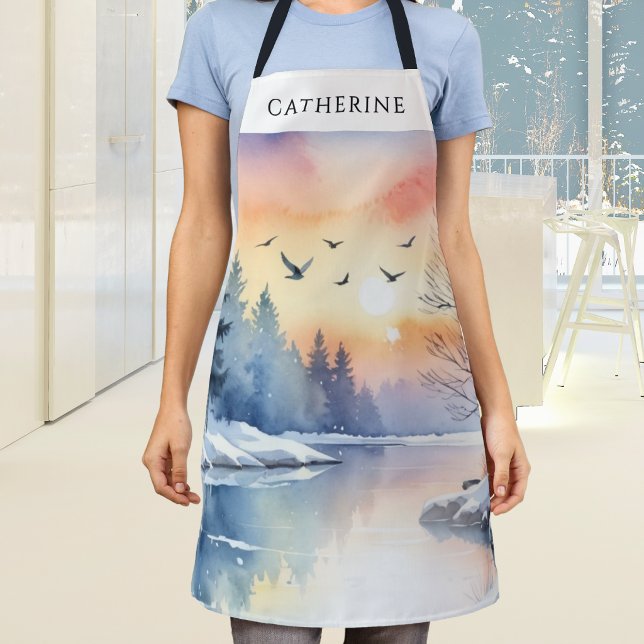 Winter Lake Snow Seasonal Personalised Kitchen Apron (A personalized kitchen apron with winter lake and birds picture in a watercolor style)