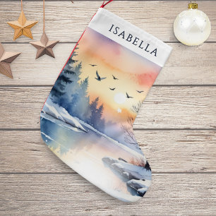 Winter Lake Sunrise Snow Scene Personalised Small Christmas Stocking