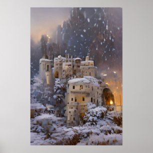 Winter land, Castle In Snow, Retro Castle Painting Poster