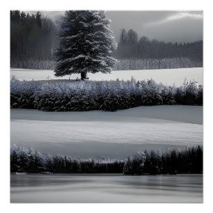 Winter landscape and tree, black and white - art poster
