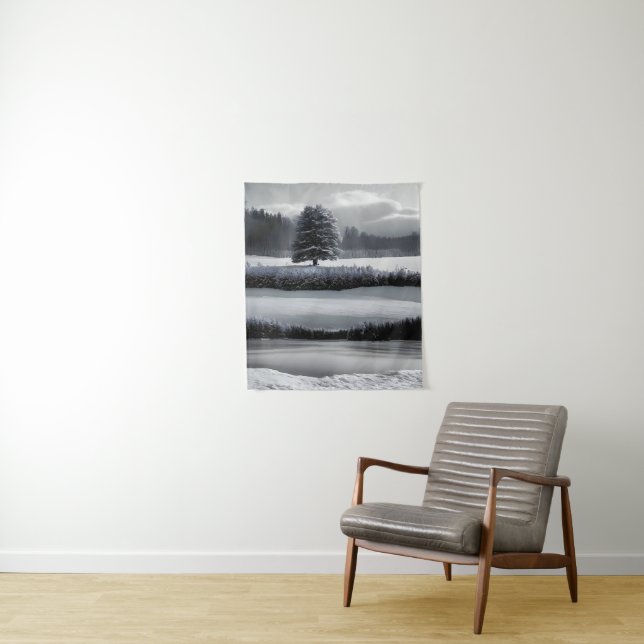 Winter landscape and tree, black and white - art tapestry (In Situ)