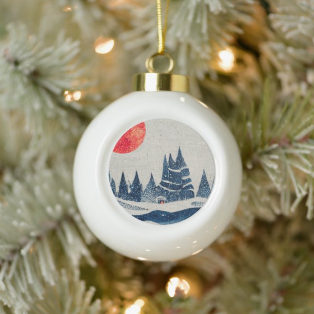 Winter Landscape Forest Moon Navy Blue Drawing  Ceramic Ball Christmas Ornament (Tree)