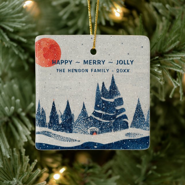Winter Landscape Forest Moon Navy Blue Drawing  Ceramic Ornament (Tree)