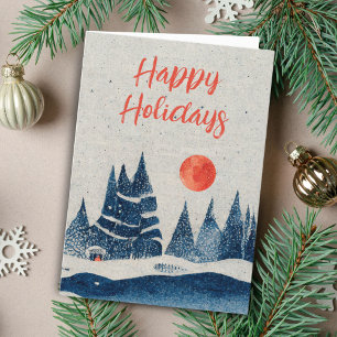 Winter Landscape Forest Moon Navy Blue Drawing  Holiday Card