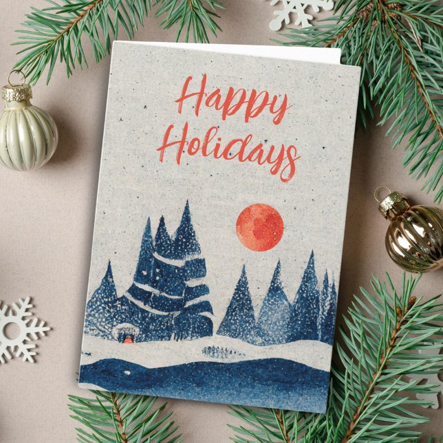 Winter Landscape Forest Moon Navy Blue Drawing  Holiday Card (Creator Uploaded)