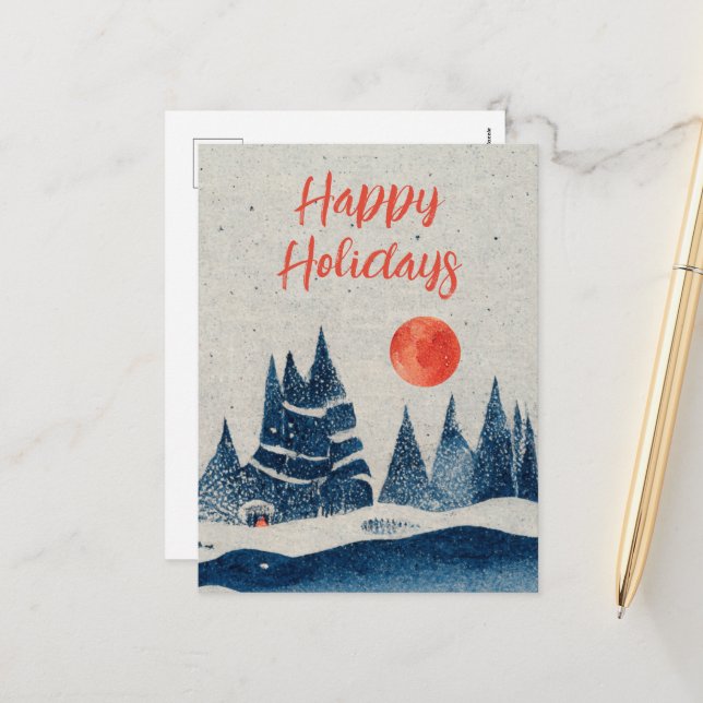 Winter Landscape Forest Moon Navy Blue Drawing  Holiday Postcard (Front/Back In Situ)
