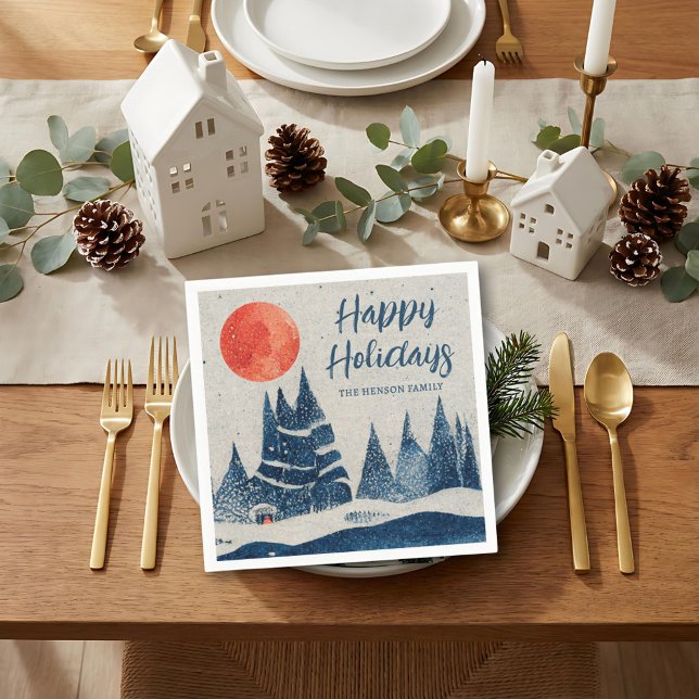 Winter Landscape Forest Moon Navy Blue Drawing  Napkin (Creator Uploaded)