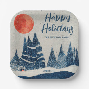 Winter Landscape Forest Moon Navy Blue Drawing  Paper Plate