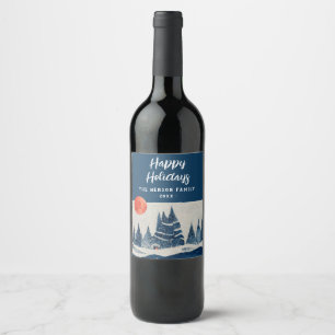 Winter Landscape Forest Moon Navy Blue Drawing Wine Label