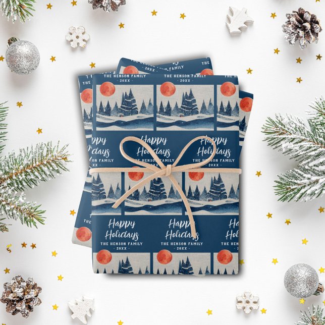 Winter Landscape Forest Moon Navy Blue Drawing  Wrapping Paper Sheet (Creator Uploaded)