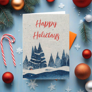 Winter Landscape Forest Navy Blue Drawing Holiday Card