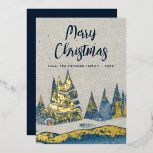 Winter Landscape Forest Navy Blue Gold