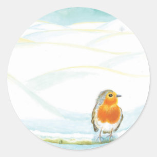 Winter Landscape Illustration With Robin  Classic Round Sticker