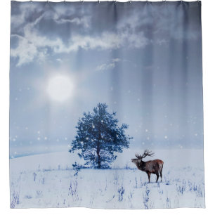 Winter landscape in blue color. Lonely tree and wi Shower Curtain