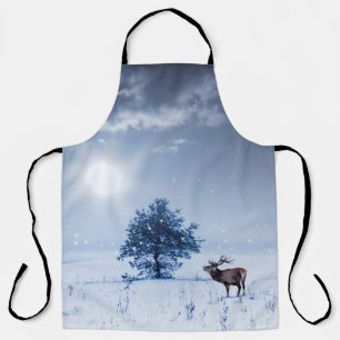 Winter landscape in blue colour. Lonely tree and w Apron