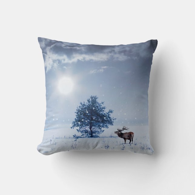 Winter landscape in blue colour. Lonely tree and w Cushion (Front)