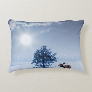 Winter landscape in blue colour. Lonely tree and w Decorative Cushion