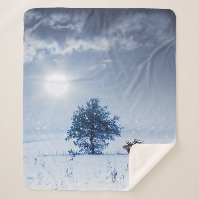 Winter landscape in blue colour. Lonely tree and w Sherpa Blanket (Front)