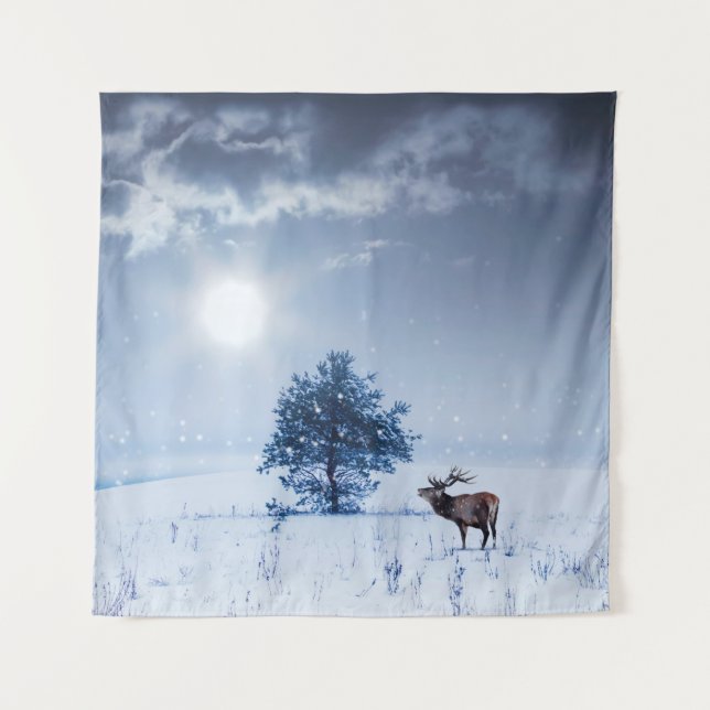 Winter landscape in blue colour. Lonely tree and w Tapestry (Front)