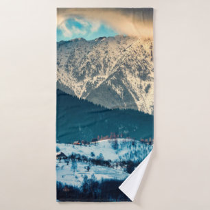 Winter landscape in Carpathian Mountain. Bran, Rom Bath Towel