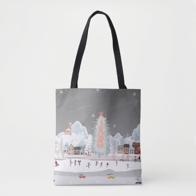 Winter landscape: night village celebration. tote bag (Front)