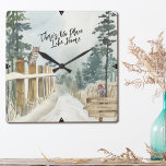 Winter Landscape No Place Like Home Address Square Wall Clock<br><div class="desc">Winter Landscape wall clock personalised with your address and lettered with "There's No Place Like Home" in trendy script typography. This rustic country design has a watercolor scene of a snowy woodland path,  pine trees,  a robin and an owl on the fence posts.</div>