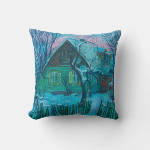 Winter Landscape Old Cottage House Pastel Painting Cushion