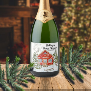 Winter Landscape Red House Baby Shower Sparkling Wine Label